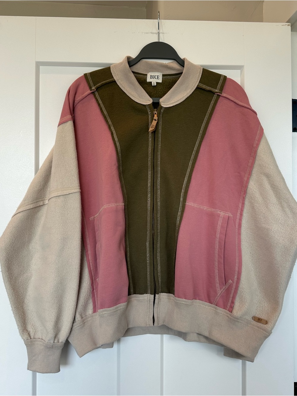 BKE Olive and Pale Pink Colorblock Zip Jacket